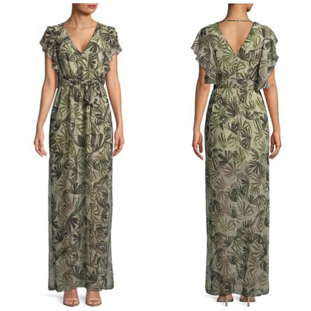 H By Halston Palm Print Flutter Sleeve Dress - image 1